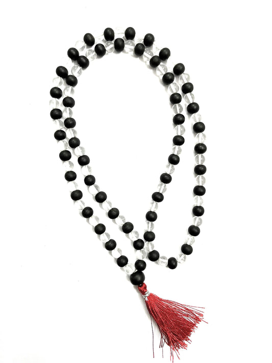 Sphatik and karungali Mala (malai) with Tassel, 108 Beads | Ebony wood bead and Quartz Mala with Lab Certificate | For Men and Women | chanting/jaap/wearing