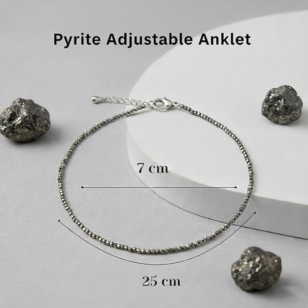 Natural Pyrite Stone Anklet for Women with Lab Certificate /Raw Pyrite Bracelet/Silver Anklet/Black Metal Anklets/Natural Stone Jewellery for Wealth, Luck & Protection/Best Gift Item