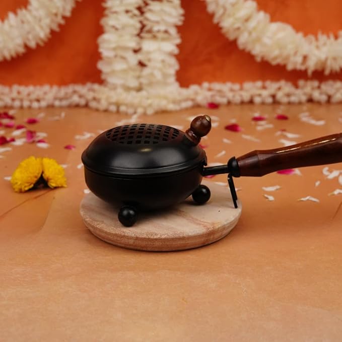 Dhoop Dani with Handle | Incense and Loban Burner Dhuni Stand for Home, Office and Temple Pooja | Metal Dhoop Dani Black, Round, 4.4 Inch |11.4 cm
