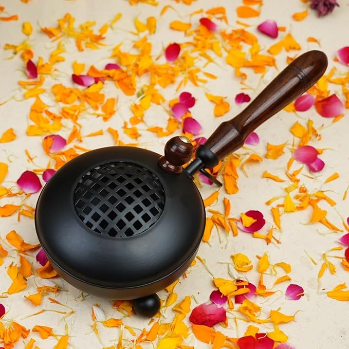 Dhoop Dani with Handle | Incense and Loban Burner Dhuni Stand for Home, Office and Temple Pooja | Metal Dhoop Dani Black, Round, 4.4 Inch |11.4 cm