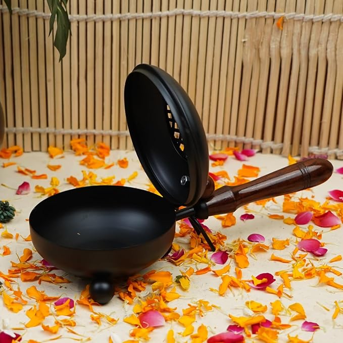 Dhoop Dani with Handle | Incense and Loban Burner Dhuni Stand for Home, Office and Temple Pooja | Metal Dhoop Dani Black, Round, 4.4 Inch |11.4 cm