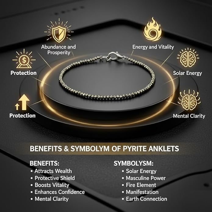 Natural Pyrite Stone Anklet for Women with Lab Certificate /Raw Pyrite Bracelet/Silver Anklet/Black Metal Anklets/Natural Stone Jewellery for Wealth, Luck & Protection/Best Gift Item