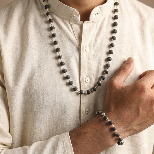 Karungali Malai 54 Beads Silver Cap Necklace & Bracelet Combo Original  | Natural Ebony Wood | with Certified