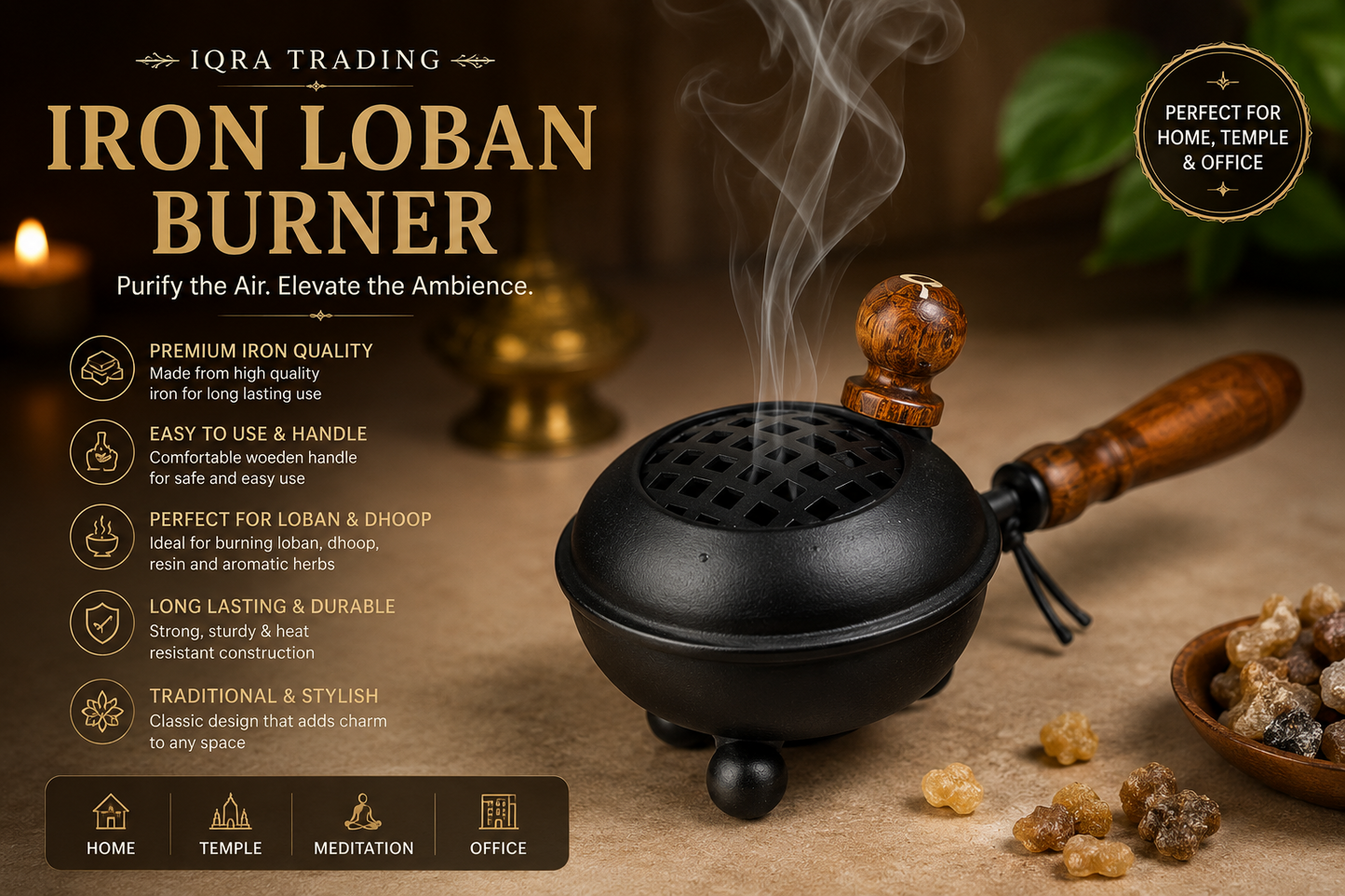 Dhoop Dani with Handle | Incense and Loban Burner Dhuni Stand for Home, Office and Temple Pooja | Metal Dhoop Dani Black, Round, 4.4 Inch |11.4 cm
