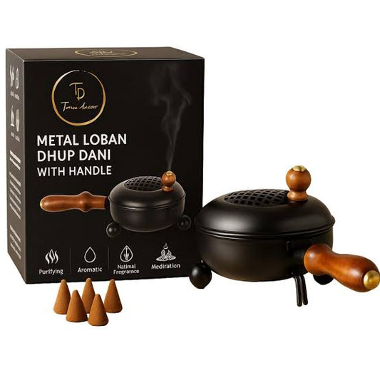 Dhoop Dani with Handle | Incense and Loban Burner Dhuni Stand for Home, Office and Temple Pooja | Metal Dhoop Dani Black, Round, 4.4 Inch |11.4 cm