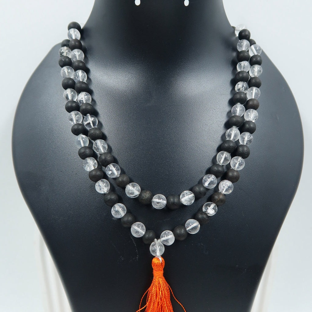 Sphatik and karungali Mala (malai) with Tassel, 108 Beads | Ebony wood bead and Quartz Mala with Lab Certificate | For Men and Women | chanting/jaap/wearing
