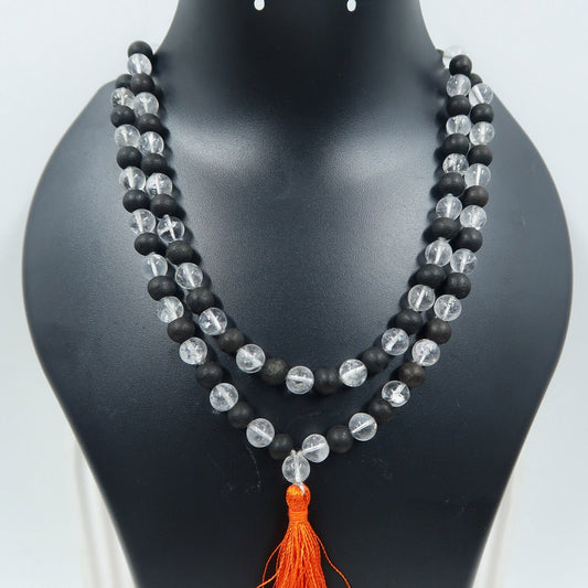 Sphatik and karungali Mala (malai) with Tassel, 108 Beads | Ebony wood bead and Quartz Mala with Lab Certificate | For Men and Women | chanting/jaap/wearing