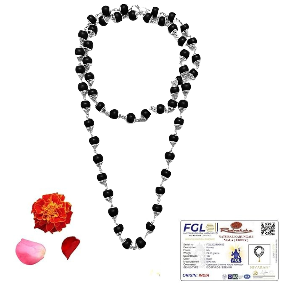 Karungali Malai 54 Beads Silver Cap Necklace | Natural Ebony Wood | with Govt. Certified